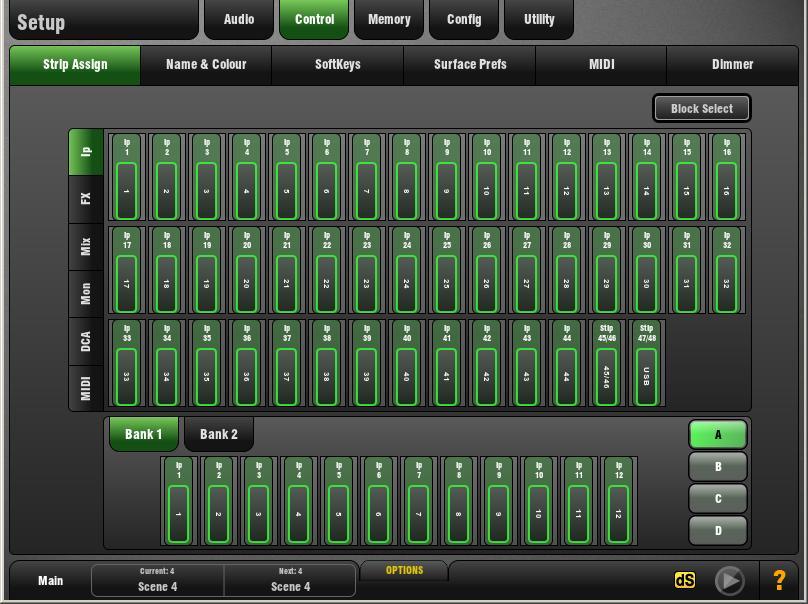 10. Setup Screen Control OPTIONS pull-up window 10.1 Strip Assign Setup page Any combination of inputs, FX, masters and MIDI strips can be assigned to the 4 Layers of the Fader Banks.