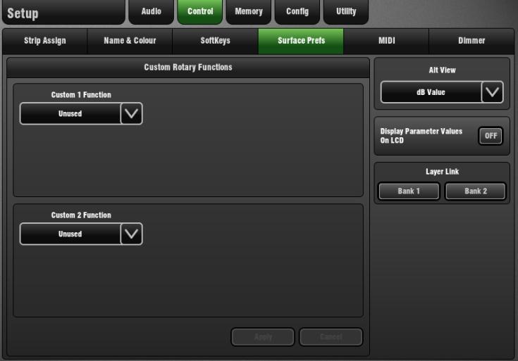 10.6 Surface Preferences Setup page Use the Surface Prefs page to choose the function of the fader strip Custom Rotary and the Alt View key, and to link fader banks.