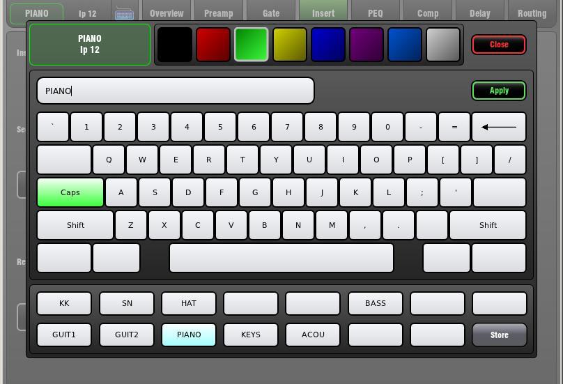 3. Processing Screen 3.1 Name and Colour keypad 3.2 Overview page Input Channel Input Channel processing pages are accessed by pressing an Input strip Sel key while the Processing screen is selected.