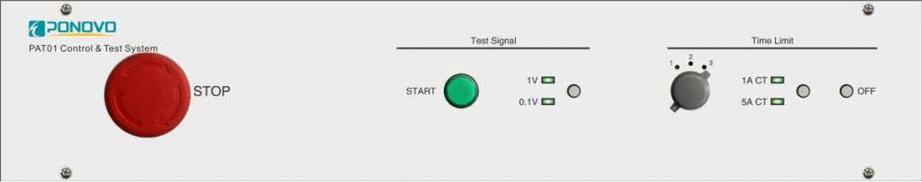 PAT01 Front Panel General stop Test starting Selection of test signal output amplitude Time limit selection Cancel time limit Initial current selection for time limit 2.