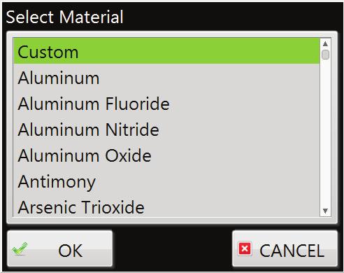 Select a material. Scroll down and click on the Material row to open the Materials List. Select the applicable material and double-click a material or click OK.