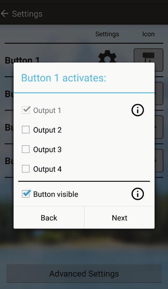 5.5.2 OUTPUT CONTROL (INTERLOCK) Setting an interlock between two or more buttons will prevent the outputs from being active at the same time. Please proceed with 5.5.3 5.5.3 OUTPUT SELECTION AND BUTTON-VISIBILITY The selected outputs are activated if button is pressed.