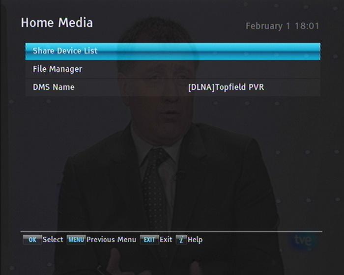 92 Entertainment Select the Entertainment > Home Media menu, then you should see a screen like the left figure The name, [DLNA] Topfield PVR, specified at the DMS Name option is used as an identifier