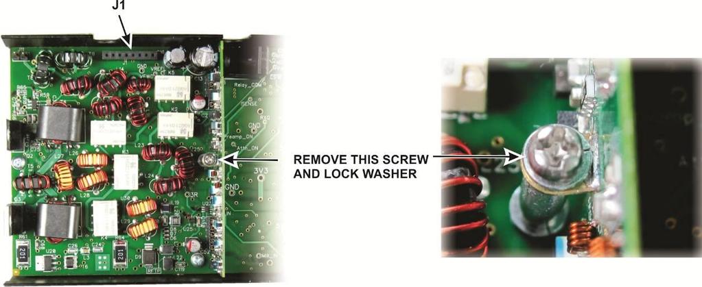 Remove the screw and lock washer shown in Figure 3. Note that a tab held by the screw holds the adjacent KXBPF board in place.