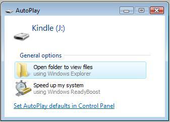 You should see something resembling the following image. AutoPlay window appears when Kindle is connected You are now at the top level of your Kindle system directory.