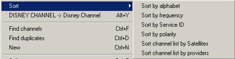 With Sort you can sort selected channels by alphabet, by frequency or by polarity or sort the entire channel list by providers or satellites.