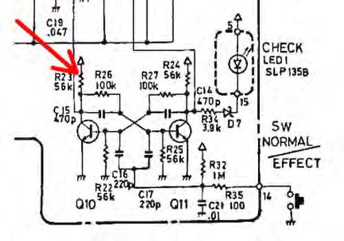 The red arrow points to the resistor you need to remove to prepare the BOSS flip-flop circuit. This is an excerpt taken from a BOSS CS-1 factory schematic.