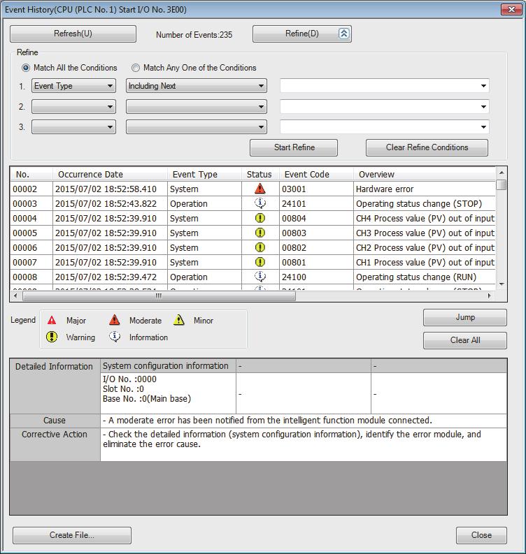 "Module Diagnostics" 3 An alarm code, error history, and alarm history can be checked in the "Event History" window of