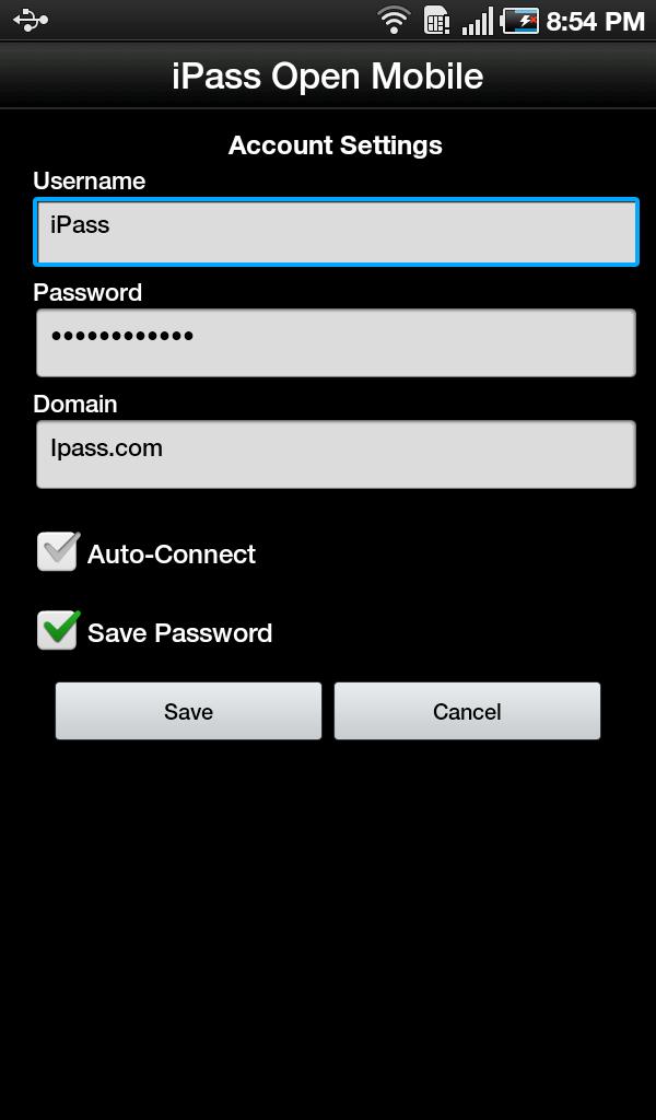 Account Settings Enter or change ipass account credentials here, including Username, Password, Domain, and possibly Prefix (not shown above).