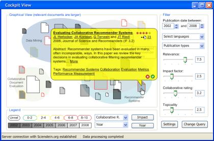Figure 1: GUI SciPlore clustering related documents In the research paper recommender system SciPlore.org, these approaches are mainly used for two purposes.
