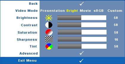 VIDEO MODE Allows you to optimize the display image: Presentation, Bright, Movie, srgb (provides more accurate color representation), and Custom (set your preferred settings).