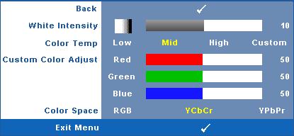 TINT Press to increase the amount of green in the image and to increase the amount of red in the image (available for NTSC only). ADVANCED Press to activate Picture Advance Menu.