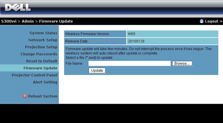 Firmware Update Use the Firmware Update page to update your projector s wireless firmware.