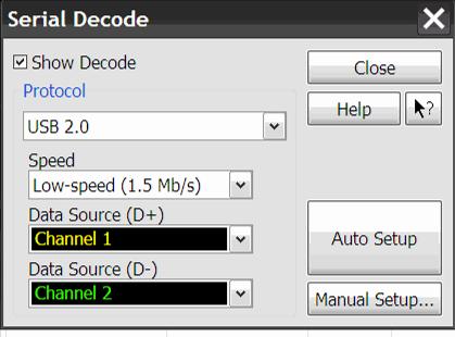 7. Select USB 2.0 and Low-speed (1.5 Mb/s) 8. Assign Channel 1 to D+ and Channel 2 to D- 9. Check the Show Decode button. 10.