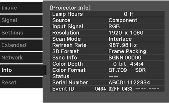 Note: To view the firmware version of the projector or other components, select Version. Note: Available settings depend on the current input source.