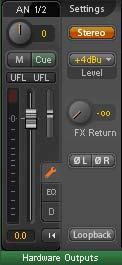 The effect signal (Echo and Reverb) is mixed to the respective hardware output by the duo knob/small fader. Loopback. Sends the output data to the driver as record data.