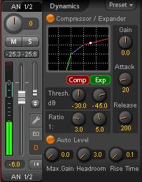 The Compressor is adjustable from -60 db to 0 db, the Expander is adjustable from -99 db to -30 db. Ratio. Ratio of input to output signal. Defines the intensity of the signal processing.