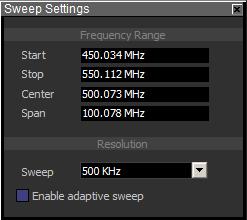 Sweep Settings Frequency Range These fields set the sweep range of the Spectral Trace View. Manual entry Start and Start will automatically adjust the Center and Span values and vice versa.