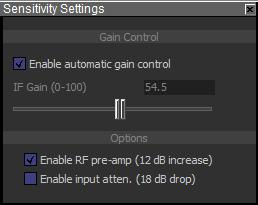 Sensitivity Settings Changes to these settings are immediately reflected in an active sweep. Enable automatic gain control IF Gain Enable RF pre-amp (12 db increase) Enable input atten.
