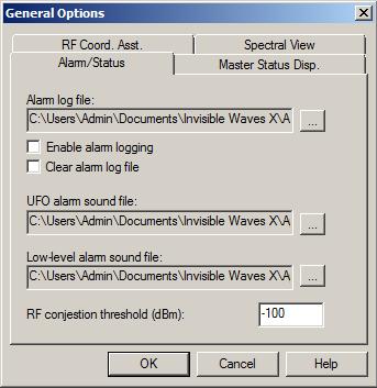 Alarm/Status Options These setting affect the Alarm/Status Settings panel. Alarm log file Click on and select a file to output the alarm log to.