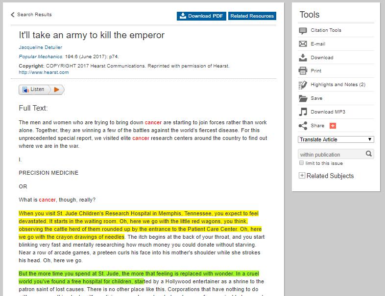 Each article has several tools you and your students can use. To add highlights, simply click the mouse and scroll over the text you want to highlight.