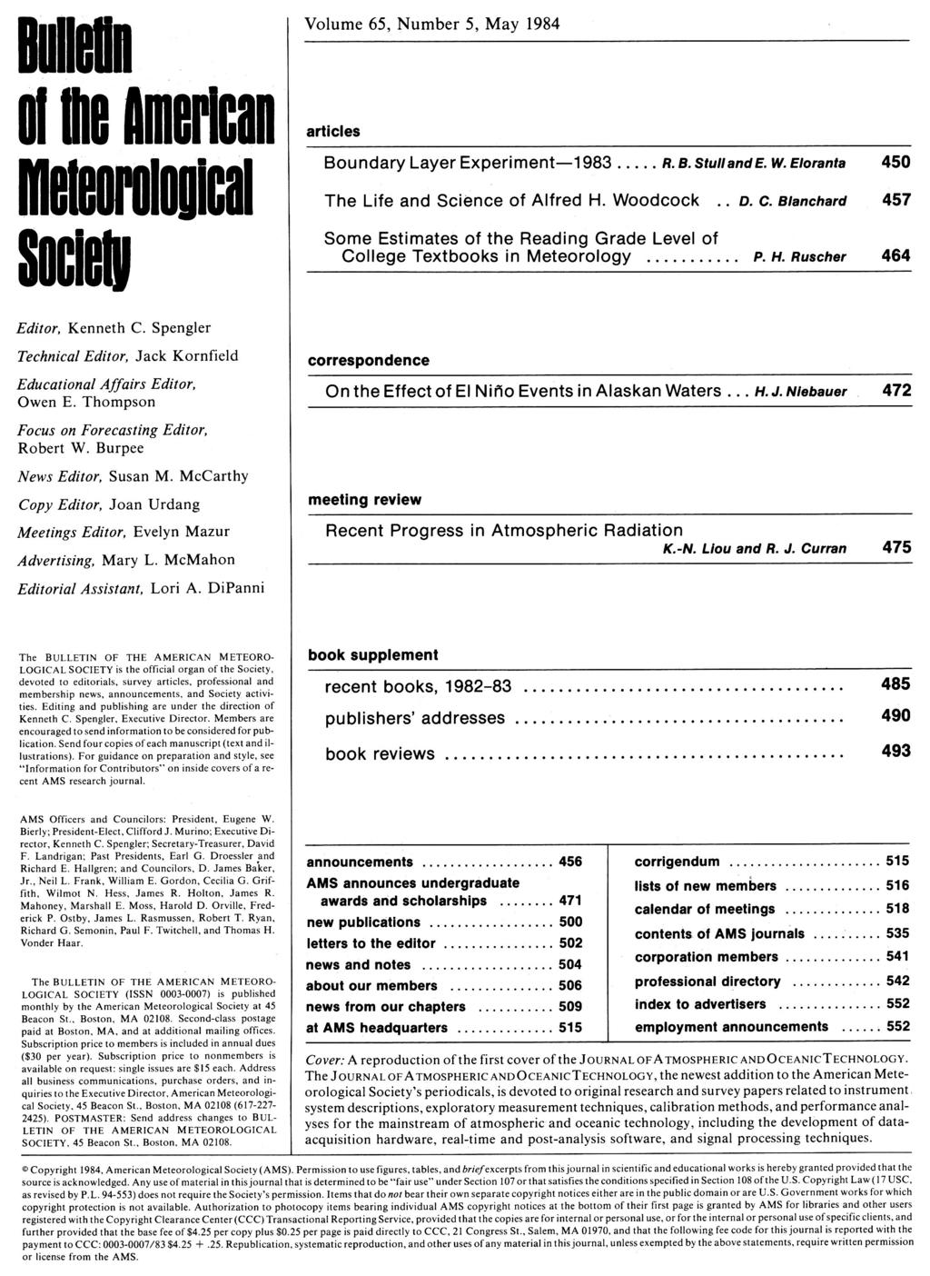 Bulletin ol the American iheorologlcal Society Volume 65, Number 5, May 1984 articles Boundary Layer Experiment 1983 R.B.stuiiandE. The Life and Science of Alfred H. Woodcock.. D. C.