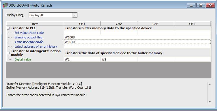 Display the Auto Refresh setting window for the D/A converter module (L60DA4) and configure the setting as follows.