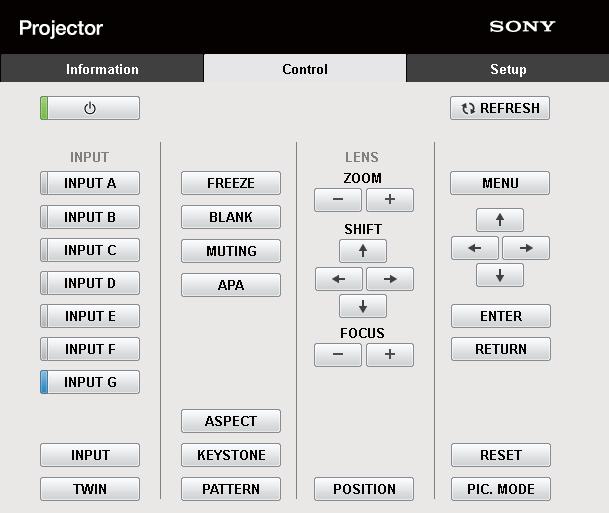 You can control the projector from the computer on the Control page. The functions of the buttons shown in the operation area are the same as those of the keys on the supplied Remote Commander.