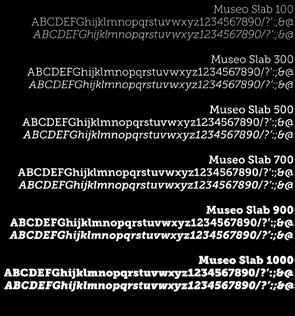 We will use six different versions of the Museo Slab typeface and two versions of Helvetica.