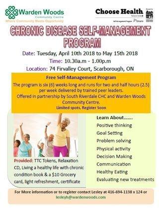 Chronic Disease Self-Management Program Warden Woods Community Centre in partnership with South Riverdale CHC, invites you to join them for a 6-week workshop series on Chronic Disease