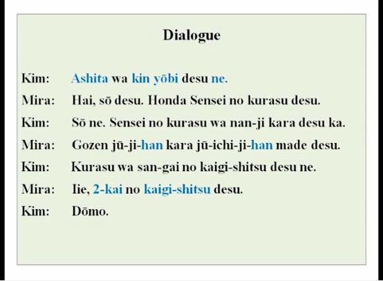 the dialogue but please I will not read the names, this is a dialogue between two people Kim and Mira and I am going to read out aloud to you whatever is new we will do it right away ashita wa kin