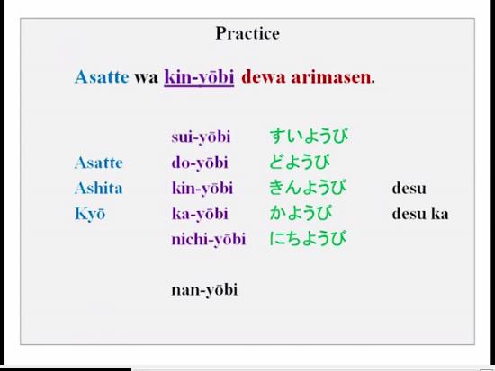 Of course you practice with this first and then do the (FL) ashita wa moku-yobi desu, ashita wa ka yobi desu, asatte kin yobi desu, kyo wa niche yobi desu, ashita wa niche yobi desu, ashita wa yasumi