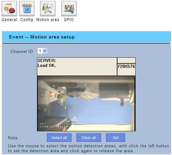 Motion Area Setup - Channel ID: Select the camera from CH1 ~ CH4 to setup. - Select All: Clear all areas for motion detection.