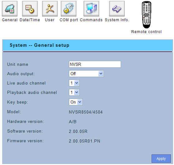 5. System Setup General Setup - Unit Name: Assign a name for the device. - Audio Output: Select the audio output mode. OFF: No audio output.