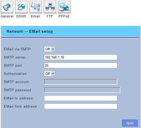 Email Setup - Email via SMTP: Set to ON if use a SMTP server to send the Email. - SMTP Server: SMTP server IP address. - SMTP Port: Change the port if necessary. Default is recommended.