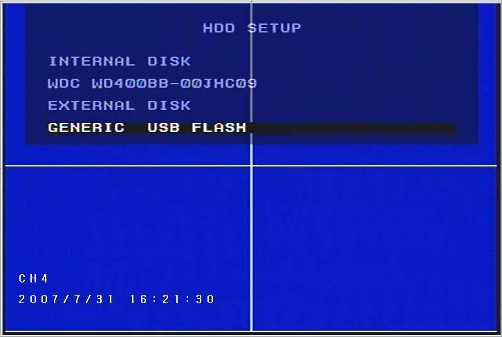 4. In the HDD SETUP page, it shows the GENERIC USB FLASH item if the USB drive is properly