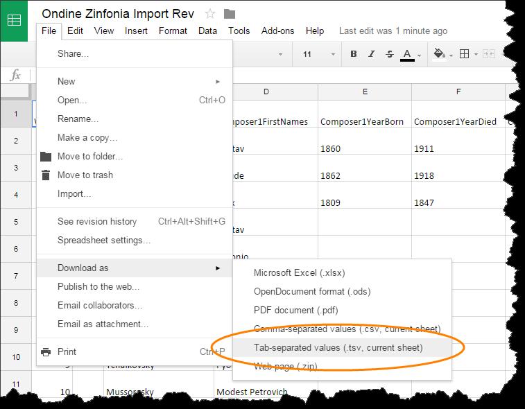 Using Google Sheets If you use the Download as Tab-separated values with the correct columns you should get an import file in the correct format.