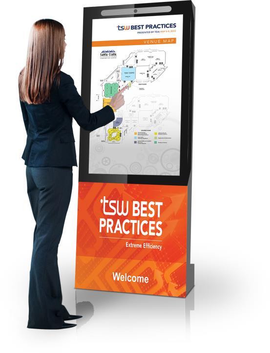 There are seven (7) Media Stations at the Santa Clara Convention Center and Hyatt for your use exclusive during your event. Each Station has can be branded with a print as shown in orange to the left.