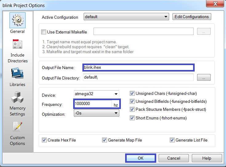 From AVR Studio go to Project >> Configuration Options. From "Output File Name" change blink.elf to 