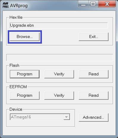 Click the Browse button and from the directory "C:\Program Files (x86)\atmel\avr Tools\JTAGICE" select the Upgrade.ebn file.