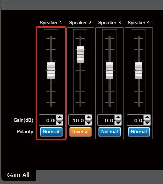 shows that Speaker 1 s mute is set to ON, while Speakers 2 through 4 are set to normal state (mute OFF). Double-clicking each mute box toggles Mute ON and OFF in the DSP section.