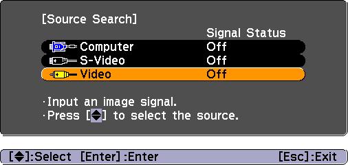 The following screen is displayed when only the picture signal projected now is input, or when no picture signal is input. You can choose the input source from this screen.