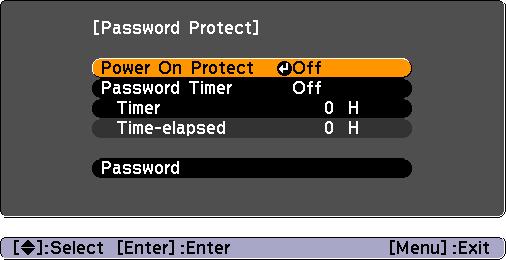 Security functions 27 When "Password Timer" is set to "On" and "Timer" is used The password entry screen will not be displayed at all when the power is turned on until the length of time that has