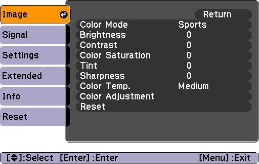 List of Functions 33 "Image" Menu The items that can be set will vary depending on the input source that is currently being projected. Setting details are saved separately for each source.