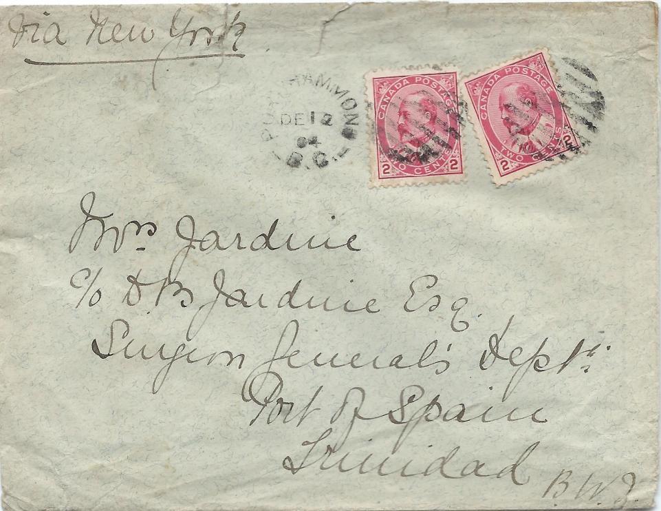 The second cover sent from Point Hammond, BC, traveled across the Continent to New York, Dec. 12, 1904.