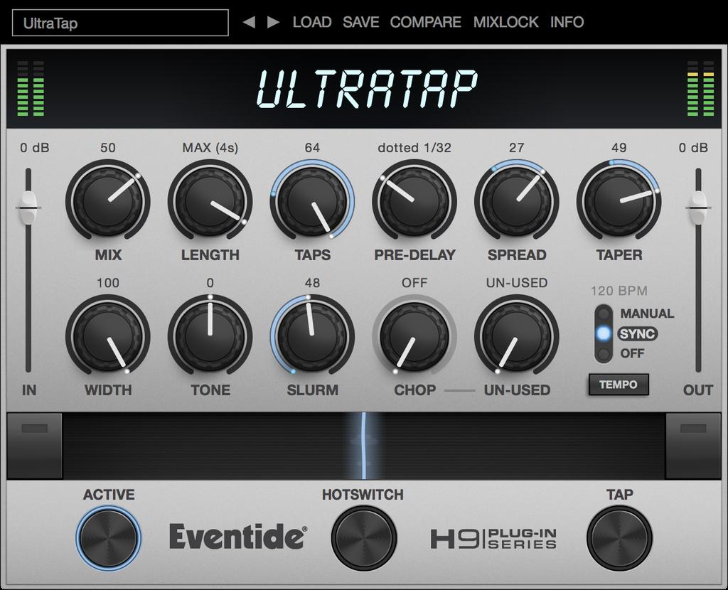 Chapter 3 UltraTap UltraTap is a versatile multi-tap delay-line effect capable of a myriad of sounds from rhythmic and glitchy delays, to wacky comb filtering, to huge pad-like volume swells, to