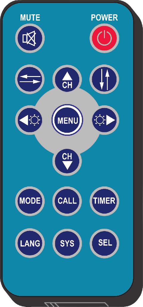 6. Remote Control Operation 6 Mute Power Switch Horizontal Flip Vertical Flip Channel Selection Up Less Brightness More Brightness Menu Channel Selection Down Call Picture Mode Language Selection