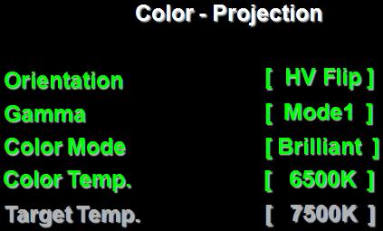 Adjust blue color in gray 128 W+G -2 ~ 2 128 W+B -2 ~ 2 Color-Projection Item Value/ Selection Description Adjust green color in gray level, using pattern 107 (for Laser Series) Adjust blue color in