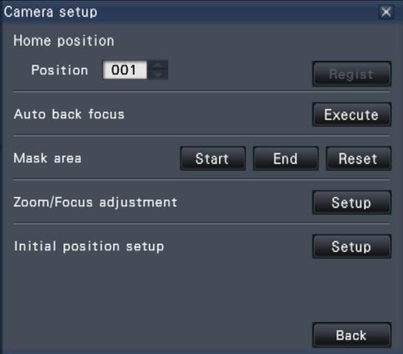 [Back] button Closes the "Camera control [Advanced]" and returns to the camera control panel. Controlling the cameras is not possible on the wide view screen and on the 9-Screen/16-screen.