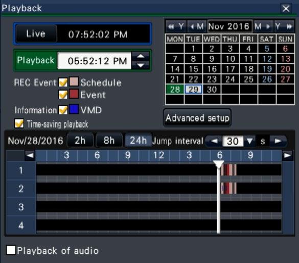 [Operation via recorder's main monitor] Playback by designating a timeline When playback starts, the date & time operation panel will change to playback display.
